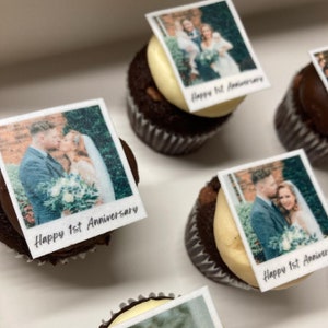 12 x Edible polaroid cupcake toppers | Wafer Paper | Wafer Card | Icing sheet. Sheet size - A4. Polaroid style 1 - Square image