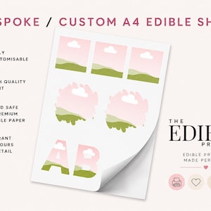 Pode incluir: Folha comest&iacute;vel A4 com designs personalizados. A folha apresenta ilustra&ccedil;&otilde;es de paisagens com c&eacute;us rosa, colinas verdes e nuvens brancas. O texto na folha diz "BESPOKE / CUSTOM A4 EDIBLE SHEET" e "THE EDIBLE PRINT CO."