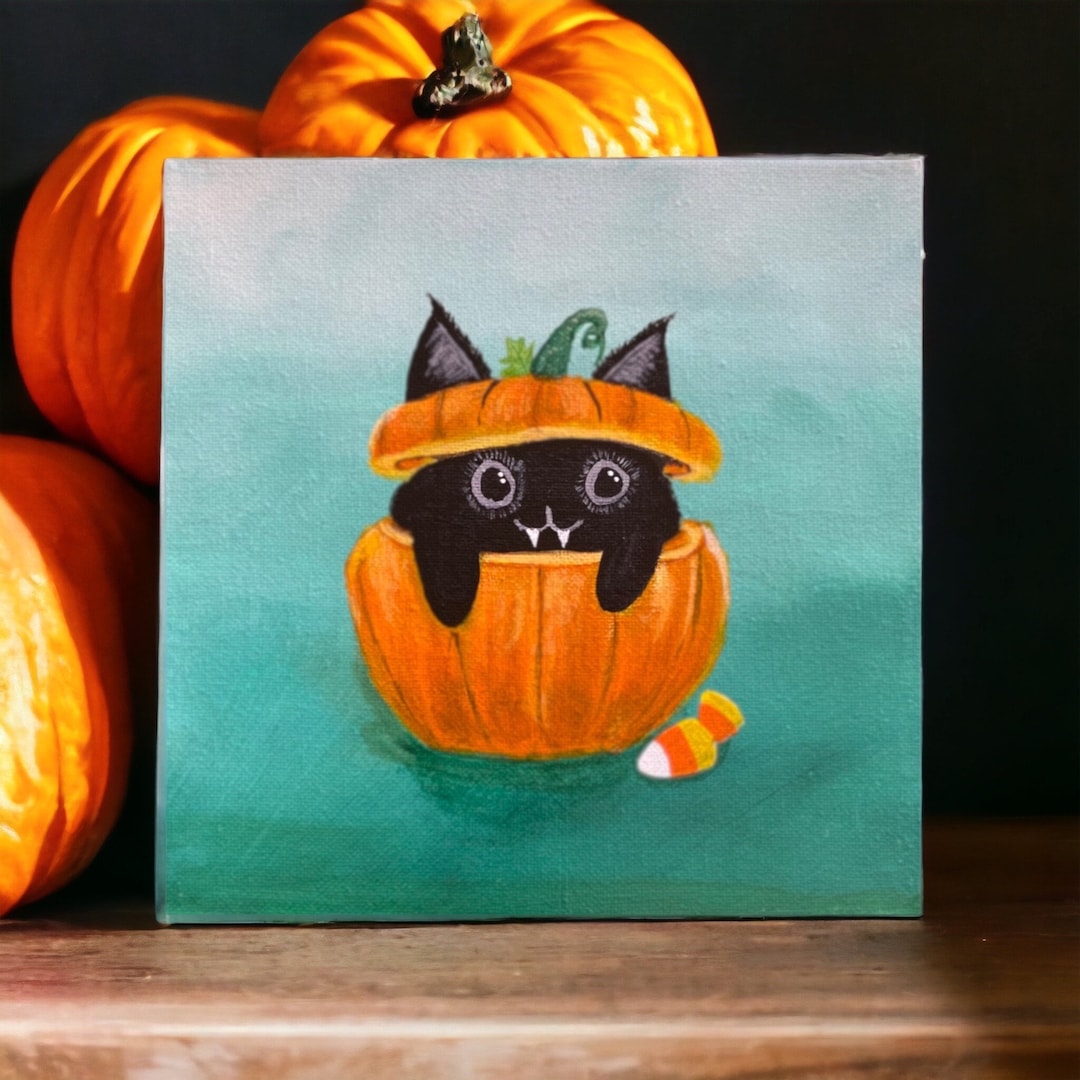 Cute Black Cat in Pumpkin 8x10 Print of Whimsical Halloween Painting - Etsy