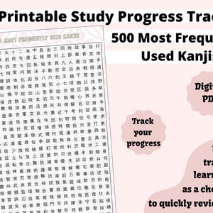 May include: A printable study progress tracker for learning 500 of the most frequently used Japanese kanji. The tracker features a grid of circles with each kanji written inside. The tracker is designed to be used as a cheat sheet and to track learning progress.