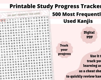 Printable Japanese Study Progress Tracker Motivation Booster Cheat Sheet For Kanji Study 500 Most Frequently Used Kanjis