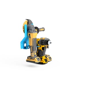 May include: A yellow and black cordless drill and a yellow and black angle grinder with a blue mounting bracket.
