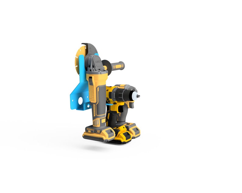 May include: A yellow and black cordless drill and a yellow and black angle grinder with a blue mounting bracket.