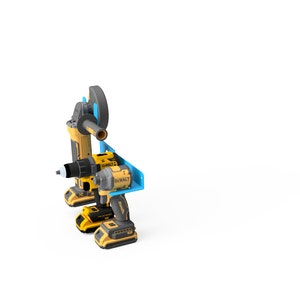 May include: A set of three yellow and black power tools mounted on a blue wall mount. The tools include a drill, a driver, and an angle grinder.