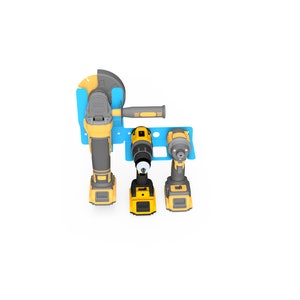 May include: A blue wall mount with three power tools hanging on it. The tools are a yellow and black angle grinder, a yellow and black drill, and a yellow and black impact driver.