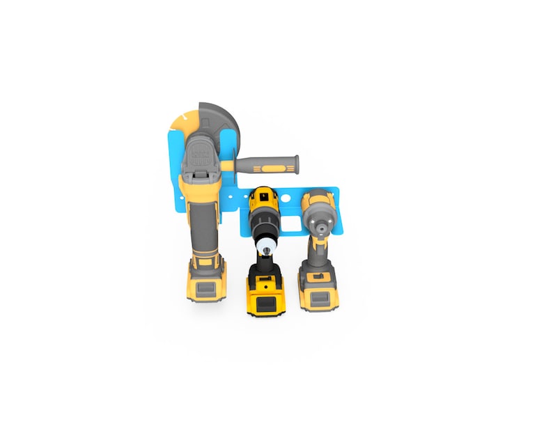 May include: A blue wall mount with three power tools hanging on it. The tools are a yellow and black angle grinder, a yellow and black drill, and a yellow and black impact driver.