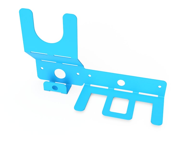 May include: A light blue metal wall mount with four hooks and a small shelf. The shelf has a curved lip to hold items in place.