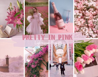 May include: A collage of images featuring pink flowers, a woman in a pink dress, a bottle of champagne, a pink and white bouquet of tulips, and a pink building with a glass dome.