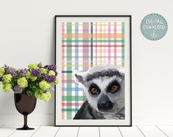 Lemur wall art, Lemur Printable art, Jungle animal print Wall art, Lamur print digital, Endangered animal wall decor, Downloadable wall art