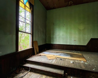 Photo print Stained glass window in an abandoned church.