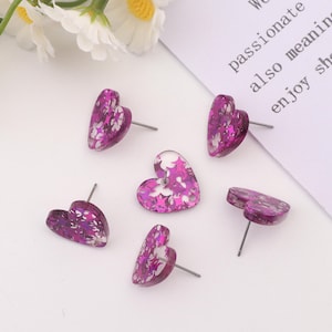 Purple glitter heart shaped acrylic earring posts-transparent heart studs with star glitter-geometric earrings-earring components SE0595