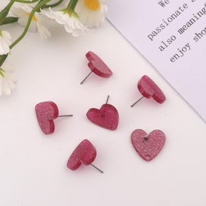 Rose red glitter heart shaped acrylic earring posts-sparkly heart studs-geometric earrings with hole-DIY jewelry earring components SE0594