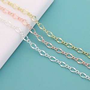 May include: Three chains of different metals: silver, rose gold, and gold. The chains are linked together and are laying on a blue surface.