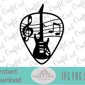 May include: Black guitar pick design featuring a guitar, musical notes, and a treble clef. The words "Instant Download" are at the bottom. The design is for JPG, PNG, and SVG files.