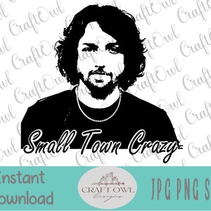 May include: Black and white silhouette of a man with long hair and a beard. He is wearing a black t-shirt with the text "Small Town Crazy" printed on it.