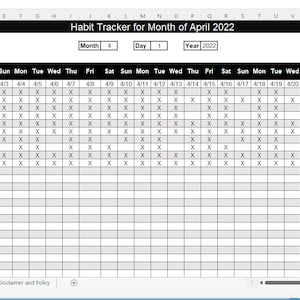 May include: A black and white habit tracker spreadsheet for the month of April 2022. The spreadsheet includes a list of habits, a completion rate, and a calendar grid for tracking daily progress.