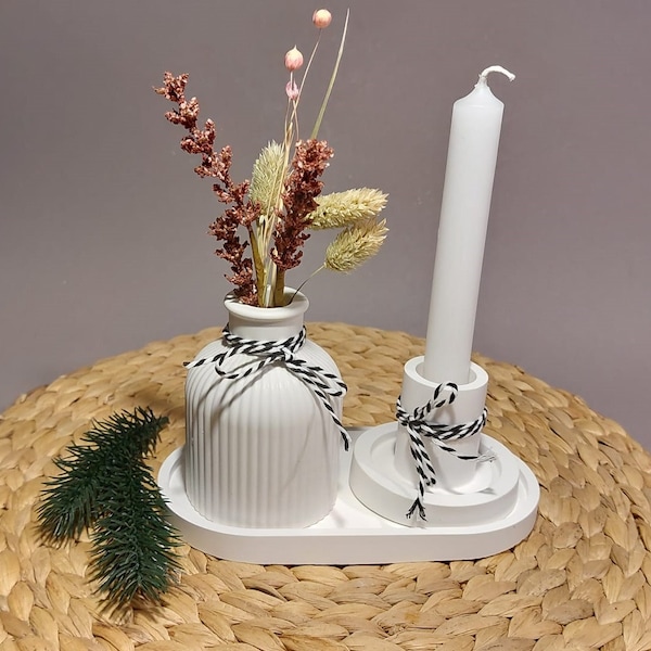 Vase geriffelt Rillenvase Set Tablett Raysin Kerzenleuchter