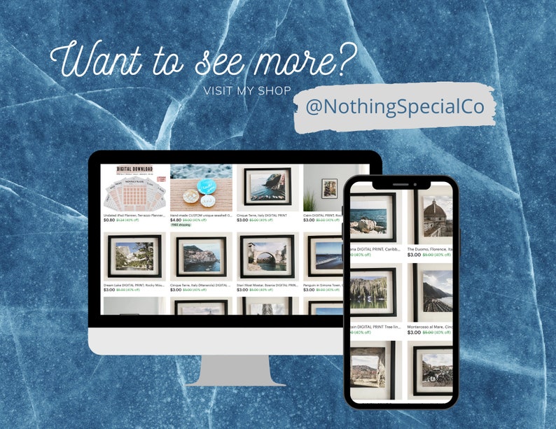 Peut inclure: Un &eacute;cran d'ordinateur et un smartphone affichent un site web pr&eacute;sentant des images de diff&eacute;rents lieux, notamment un stade, un pont et une ville. Le site web est intitul&eacute; "Nothing Special Co" et propose une vari&eacute;t&eacute; de t&eacute;l&eacute;chargements num&eacute;riques et d'impressions.