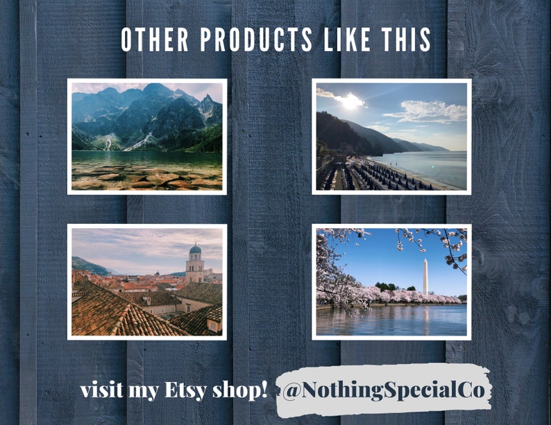 Peut inclure: Un collage de quatre photographies de paysages. L'image en haut &agrave; gauche montre un lac de montagne avec des montagnes enneig&eacute;es en arri&egrave;re-plan. L'image en haut &agrave; droite montre une plage avec une rang&eacute;e de parasols et une vue sur une cha&icirc;ne de montagnes. L'image en bas &agrave; gauche montre une ville avec un clocher d'&eacute;glise au centre. L'image en bas &agrave; droite montre une vue du Washington Monument avec des cerisiers en fleurs au premier plan. Le texte "visit my Etsy shop! @NothingsSpecialCo" est en bas du collage.
