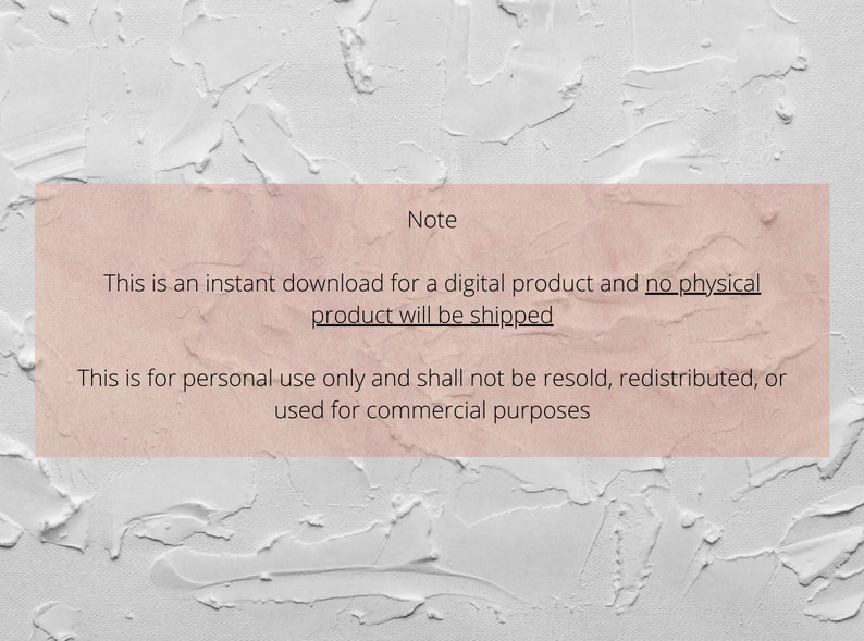 Peut inclure: Une note avec le texte "Note" en haut. La note indique qu'il s'agit d'un t&eacute;l&eacute;chargement instantan&eacute; pour un produit num&eacute;rique et qu'aucun produit physique ne sera exp&eacute;di&eacute;. La note indique &eacute;galement que ceci est pour un usage personnel uniquement et ne doit pas &ecirc;tre revendu, redistribu&eacute; ou utilis&eacute; &agrave; des fins commerciales.
