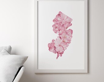 Impresión de arte mural con flores rosas de Nueva Jersey. Decoración de pared con flores del estado de Nueva Jersey para sala de estar, dormitorio, regalo de Nueva Jersey, decoración del hogar, arte de Nueva Jersey.