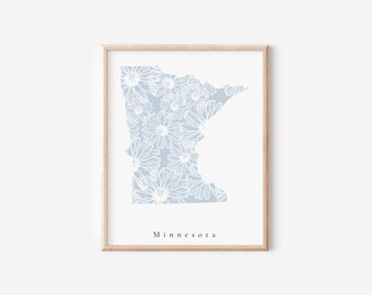 Minnesota Blue Floral Print, Minnesota Floral Print, Minnesota State Art, Minnesota Art Print, Minnesota Nursery Art, Minnesota Office Art