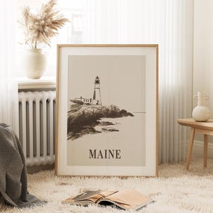 Maine houtskool Art Print, Maine Wall Art, Maine Art Print, Maine Lighthouse Wall Art, Lighthouse Art Print, Maine Coastal Style Decor, Maine