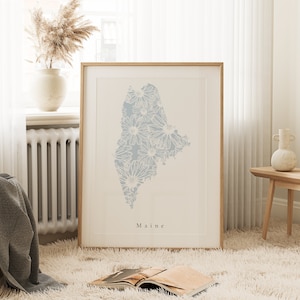 Maine Blue Floral Print, Maine Floral Print, Maine State Wall Art, Maine Art, Maine Dorm Art, Maine Dorm Decor, Maine Living, Maine Gift