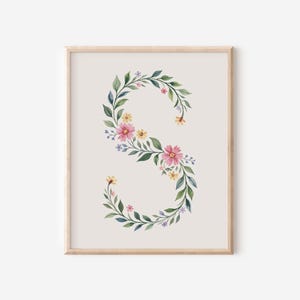 Floral Initial S Wall Art - Digital Download, Watercolor Monogram Print, Elegant Letter Decor, Botanical Alphabet, Printable Nursery Art