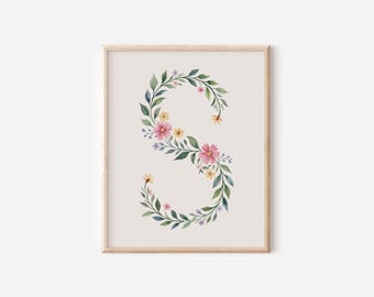 Floral Initial S Wall Art - Digital Download, Watercolor Monogram Print ...