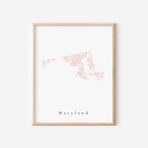 Impresión floral rosa de Maryland, Estado de Maryland, Impresión artística de Maryland, Impresión artística del estado de Maryland, Decoración de dormitorio de Maryland, Arte infantil de Maryland, Estado