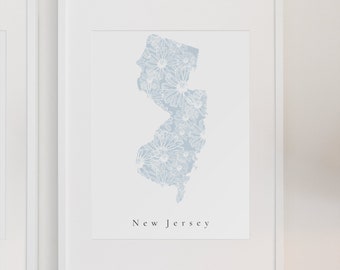 New Jersey State Art Print Blue Floral Wall Art Minimalist New Jersey Print Modern Home Decor Botanical State Artwork Digital Download
