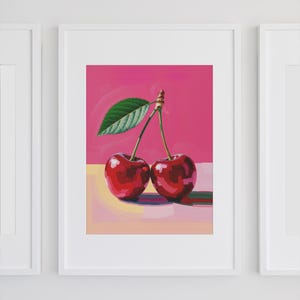 Bold Bright Cherry Print Minimalist Modern Wall Art Poster Instant Download Fruit Style Design Kitchen Art Print Hot Pink Artistic Print Art