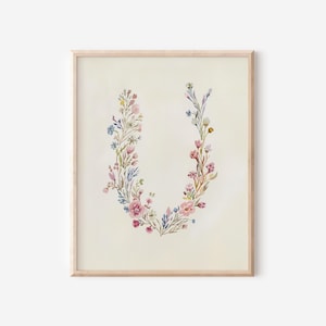 Initial U Wall Art Print Watercolor Floral Initial U Printable Home Decor Instant Download Initial U Girls Room Name Print Letter U Wall Art