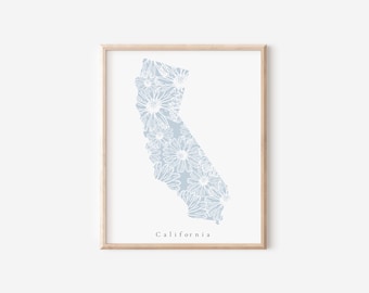 California Blue Floral Print, California Wall Art, California Art Print, California State Print, Blue Floral State Art, California Nursery