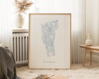Vermont Blue Floral Art, Vermont State Print, Vermont Art, Vermont Dorm Decor, Vermont Living, Vermont Gift, Vermont Nursery Art, Vermont