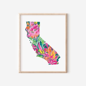 Impresión de arte mural con acuarela floral del estado de California, decoración para dormitorio de California, descarga instantánea, decoración de California, arte imprimible para dormitorio de California