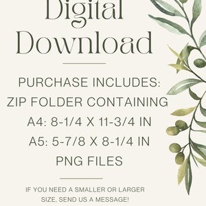 May include: Digital download announcement with text and watercolor botanical accents. Includes A4 (8.25 x 11.75 in) and A5 (5.875 x 8.25 in) PNG files. Contact for custom sizes.