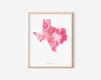 Texas Hot Pink Print, Texas Pink Print, Texas State Print, Texas Art Print, Texas Watercolor Print, Texas Dorm Art, Texas Decor, Texas Art