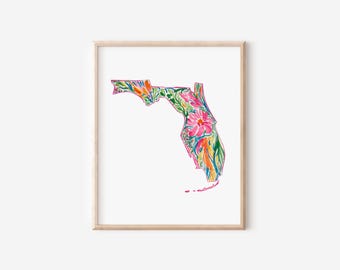 Florida State Wand Kunst Blumen Aquarell Florida druckbare Sofortiger Download Florida Wohnheim Druck Blumen Florida Dekor Kinderzimmer Wand Kunst Florida