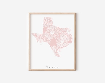 Texas Pink Floral Print, Texas Wall Art Print, Pink Texas Print, Pink Texas Wall Art, Home Decor, Home Wall Art, Nursery Decor, Nursery Art