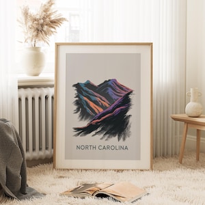 North Carolina Charcoal Mountain Print, North Carolina Wall Art, North Carolina Art Print, Mountain Wall Art, North Carolina State Print