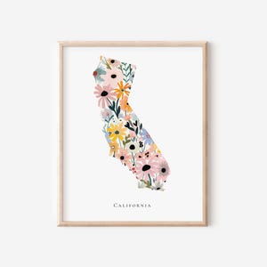 Decoración de pared con flores del estado de California Impresión de California Descarga instantánea Decoración de California Impresión floral Guardería Arte de dormitorio de California