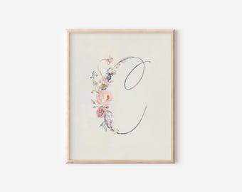 Stampa artistica da parete con lettera C ad acquerello floreale, decorazione per la casa, iniziale C, download istantaneo, stampa artistica da parete con lettera C, stampa artistica per cameretta dei bambini.