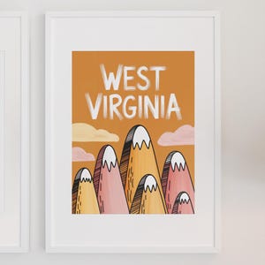 West Virginia State Wall Art Poster Print West Virginia Mountain Range Orange Print West Virginia Dorm Decor Instant Download Digital Art