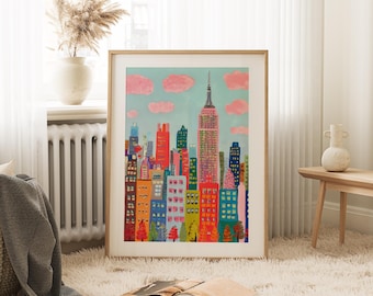 Pode incluir: Uma pintura colorida de um horizonte da cidade com edifícios altos, incluindo um arranha-céu rosa com um topo pontudo. O céu é azul claro com nuvens cor-de-rosa.