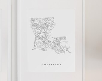 Louisiana Black Floral Print, Louisiana Floral Print, Louisiana Print, Louisiana State Print, Louisiana Wall Art, Louisiana Decor, Louisiana