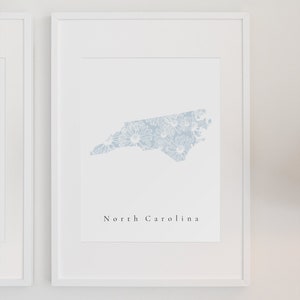North Carolina Wall Art, North Carolina Print, North Carolina Blue Floral, Floral North Carolina Print, Blue North Carolina Print, State Art