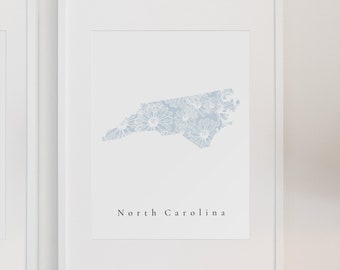 North Carolina Wall Art, North Carolina Print, North Carolina Blue Floral, Floral North Carolina Print, Blue North Carolina Print, State Art