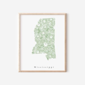 Imprimé floral vert sauge du Mississippi, imprimé floral du Mississippi, art de l'État du Mississippi, art de la chambre d'enfant du Mississippi, art du bureau du Mississippi